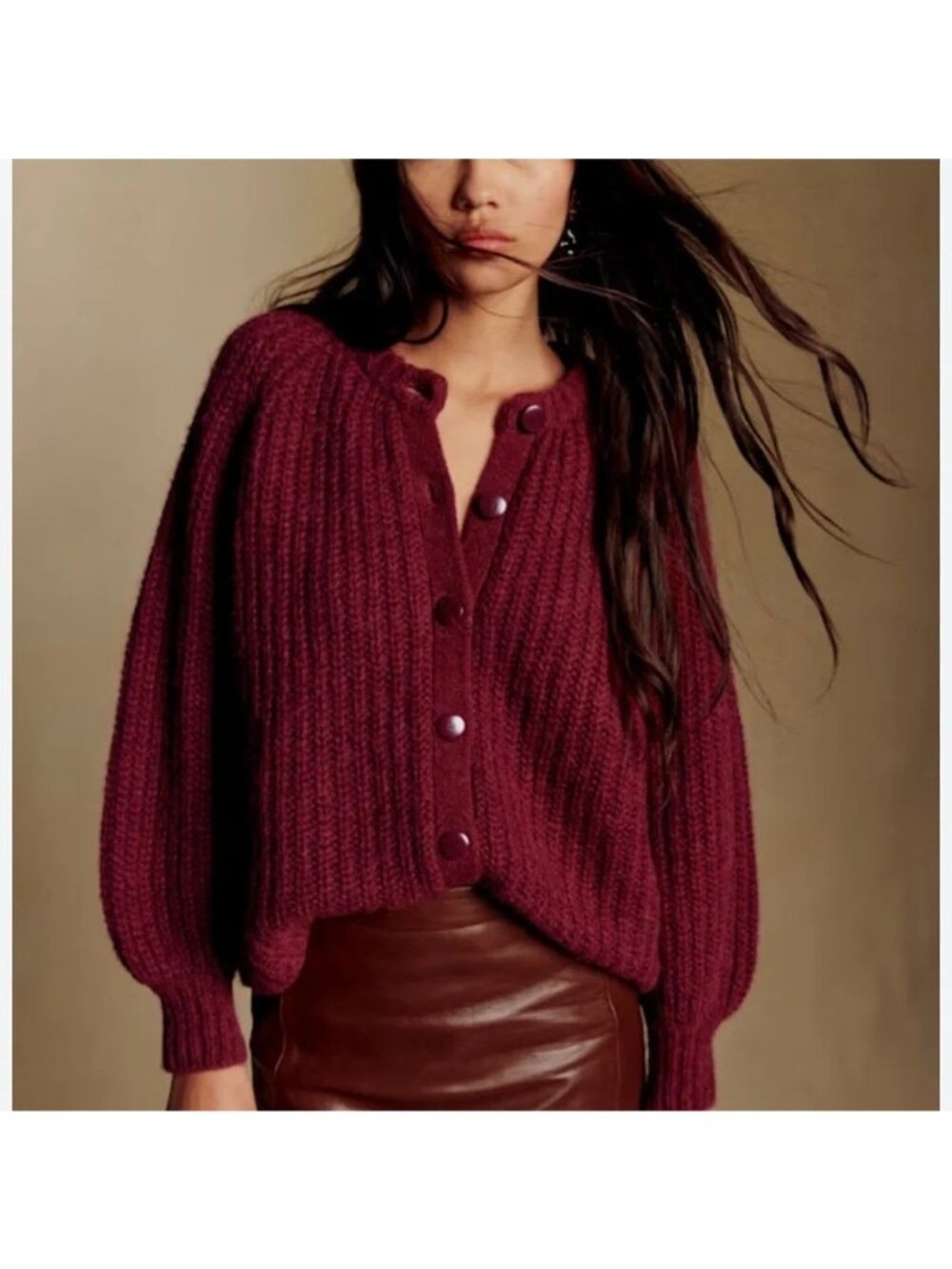 Sezane Burgundy Chunky Knit Button Cardigan